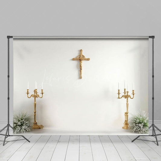 Lofaris Gold Cross Candlestick Simple First Communion Backdrop