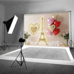 Lofaris Gold Eiffel Tower Valentine Day Backdrop Wire Heart LOVE Letters Balloons Background Romantic Paris Photography