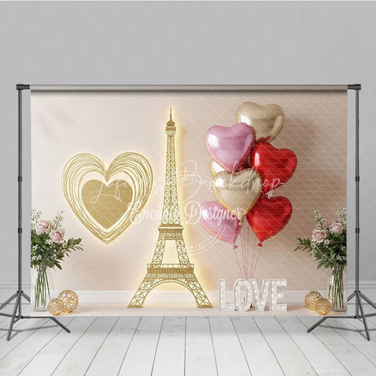 Lofaris Gold Eiffel Tower Valentine Day Backdrop Wire Heart LOVE Letters Balloons Background Romantic Paris Photography
