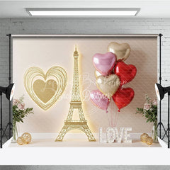 Lofaris Gold Eiffel Tower Valentine Day Backdrop Wire Heart LOVE Letters Balloons Background Romantic Paris Photography