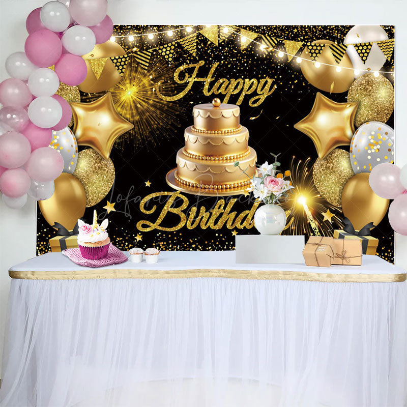 Lofaris Gold Flag Balloons With Cake Happy Birthday Backdrop