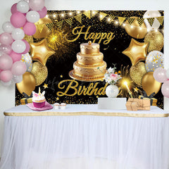 Lofaris Gold Flag Balloons With Cake Happy Birthday Backdrop