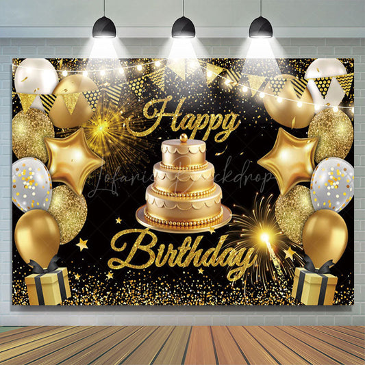 Lofaris Gold Flag Balloons With Cake Happy Birthday Backdrop