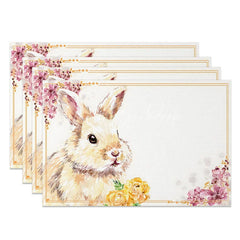 Lofaris Gold Frame Artistic Bunny Set of 4 Placemats Pink Blossom Rabbit Spring Table Mats for Party