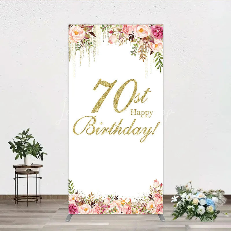 Lofaris Gold Glitter 70th Happy Birthday Rectangle Arch Backdrop Elegant Pink Floral Peonies Celebration Decor