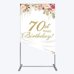 Lofaris Gold Glitter 70th Happy Birthday Rectangle Arch Backdrop Elegant Pink Floral Peonies Celebration Decor