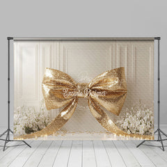 Lofaris Gold Glitter Bow White Wall Floral Wedding Backdrop