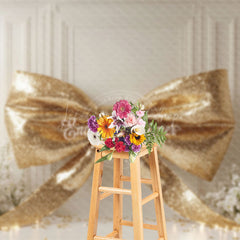 Lofaris Gold Glitter Bow White Wall Floral Wedding Backdrop