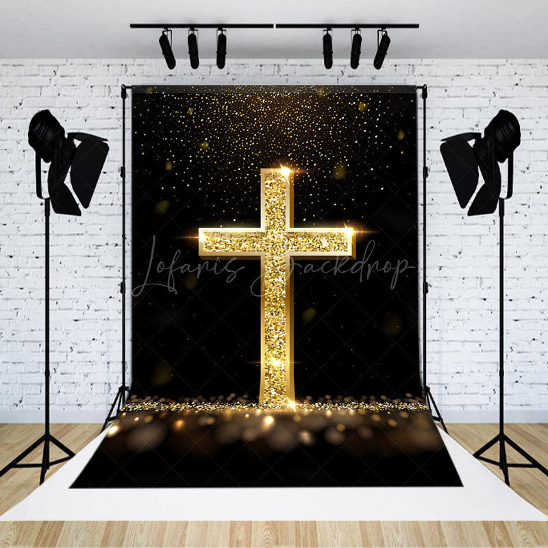 Lofaris Gold Glitter Cross Black Bokeh Easter Photo Backdrop