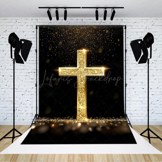 Lofaris Gold Glitter Cross Black Bokeh Easter Photo Backdrop