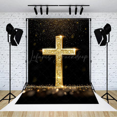 Lofaris Gold Glitter Cross Black Bokeh Easter Photo Backdrop