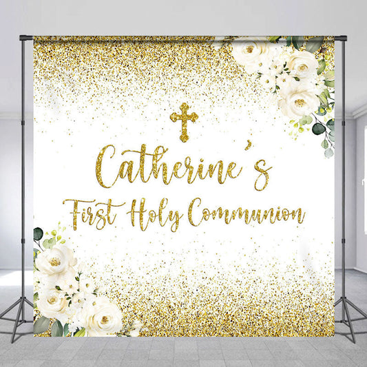 Lofaris Gold Glitter First Holy Communion Custom Name Backdrop