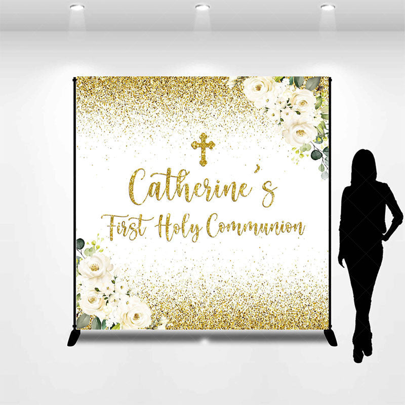 Lofaris Gold Glitter First Holy Communion Custom Name Backdrop