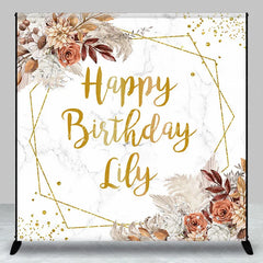 Lofaris Gold Glitter Geometric Custom Birthday Backdrop with Boho Floral and Marble Texture Happy Party Decor.