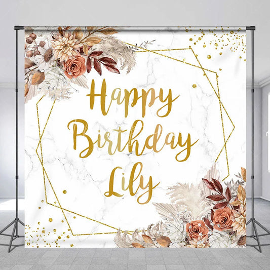 Lofaris Gold Glitter Geometric Custom Birthday Backdrop with Boho Floral and Marble Texture Happy Party Decor.