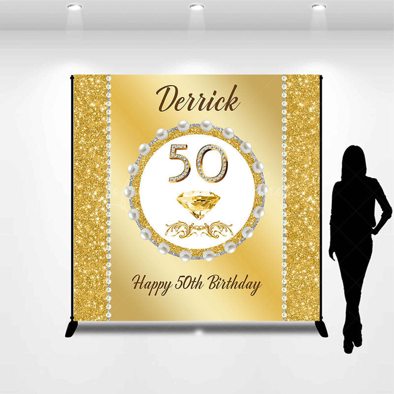 Lofaris Gold Glitter Pearl Custom Name 50th Birthday Backdrop