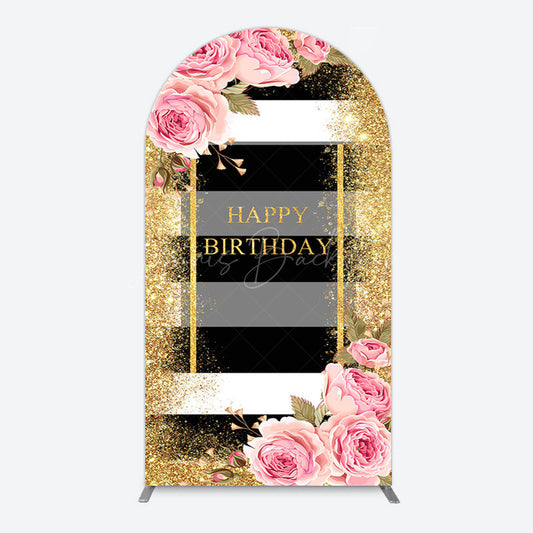 Lofaris Gold Glitter Pink Rose Stripe Birthday Arch Backdrop