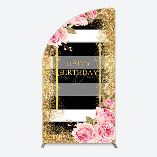 Lofaris Gold Glitter Pink Rose Stripe Birthday Half Moon Arch Backdrop
