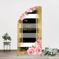 Lofaris Gold Glitter Pink Rose Stripe Birthday Half Moon Arch Backdrop