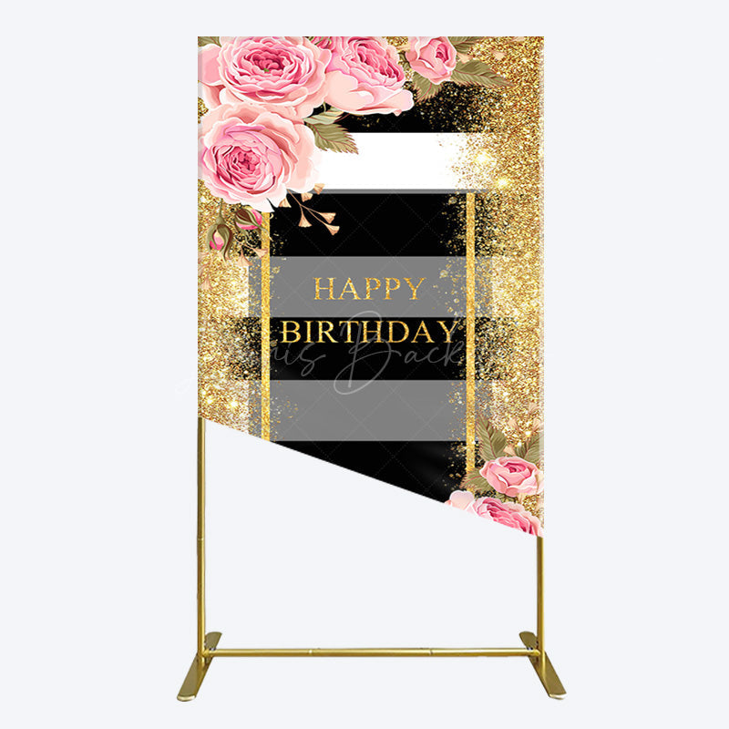 Lofaris Gold Glitter Pink Rose Stripe Birthday Rectangle Backdrop