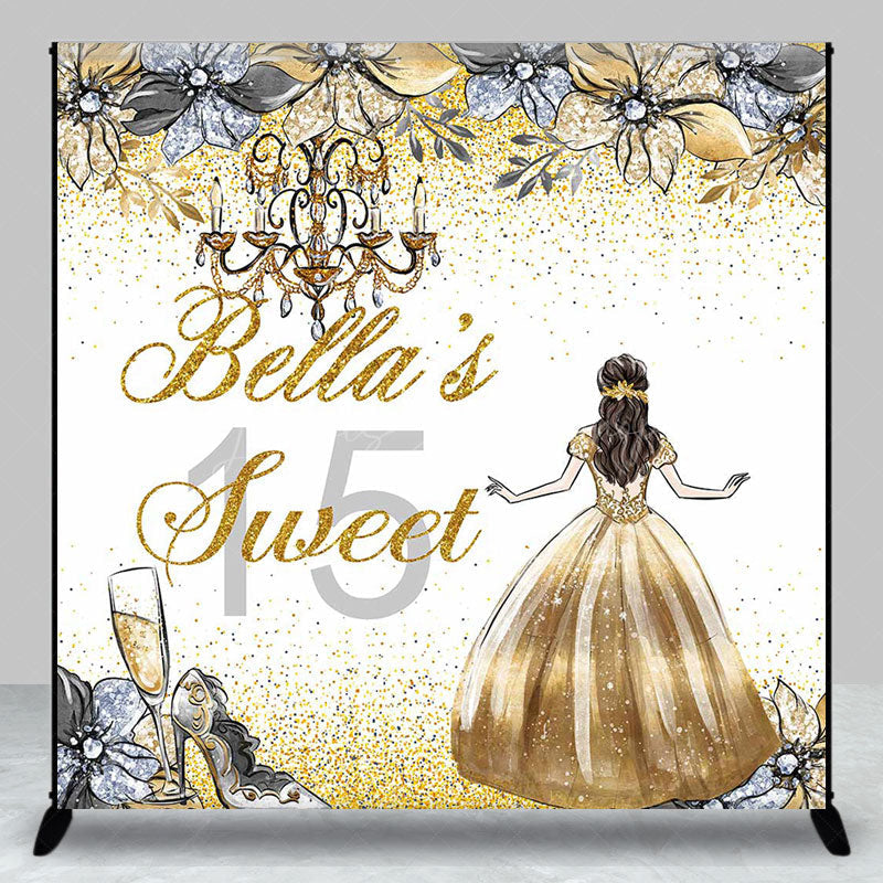 Lofaris Gold Glitter Princess Custom Name Sweet 15 Backdrop