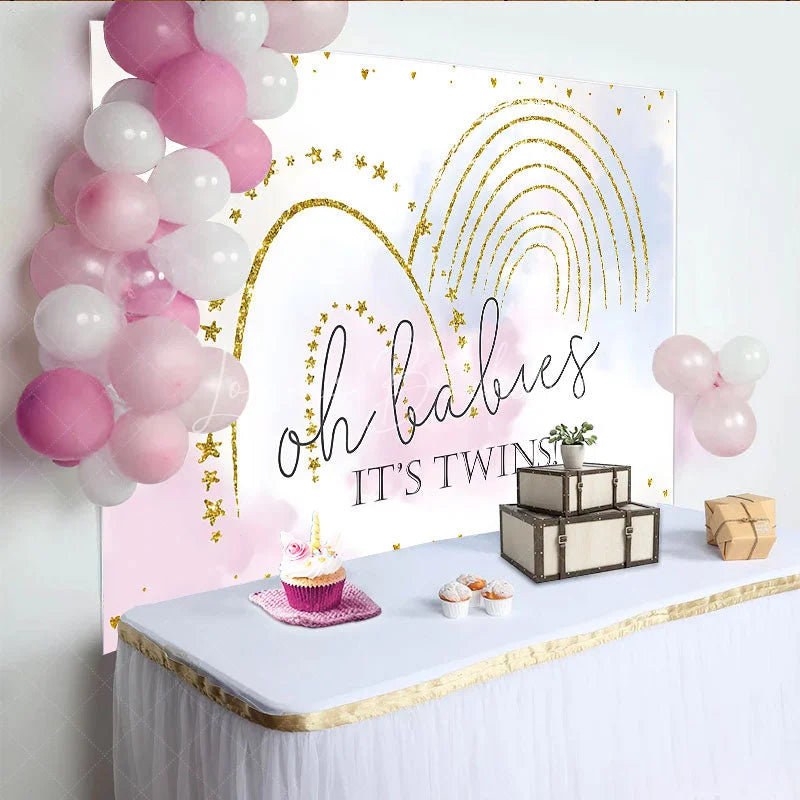 Lofaris Gold Glitter Rainbow Twins Baby Shower Backdrop Pastel Clouds Oh Babies Decoration Boy and Girl Party Prop