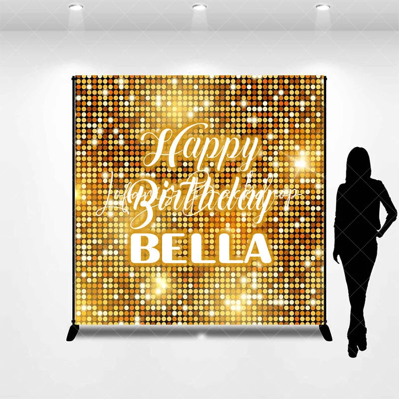 Lofaris Gold Glitter Shimmering Custom Birthday Backdrop with Happy and Any Name Festive Party Decor