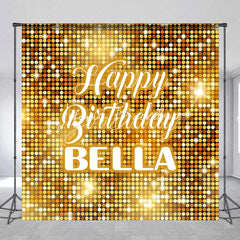 Lofaris Gold Glitter Shimmering Custom Birthday Backdrop with Happy and Any Name Festive Party Decor