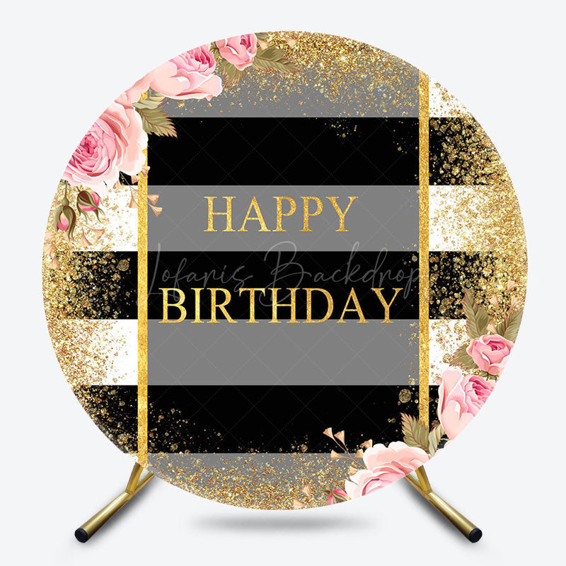 Lofaris Gold Glitter Stripe Floral Round Birthday Backdrop