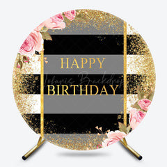 Lofaris Gold Glitter Stripe Floral Round Birthday Backdrop