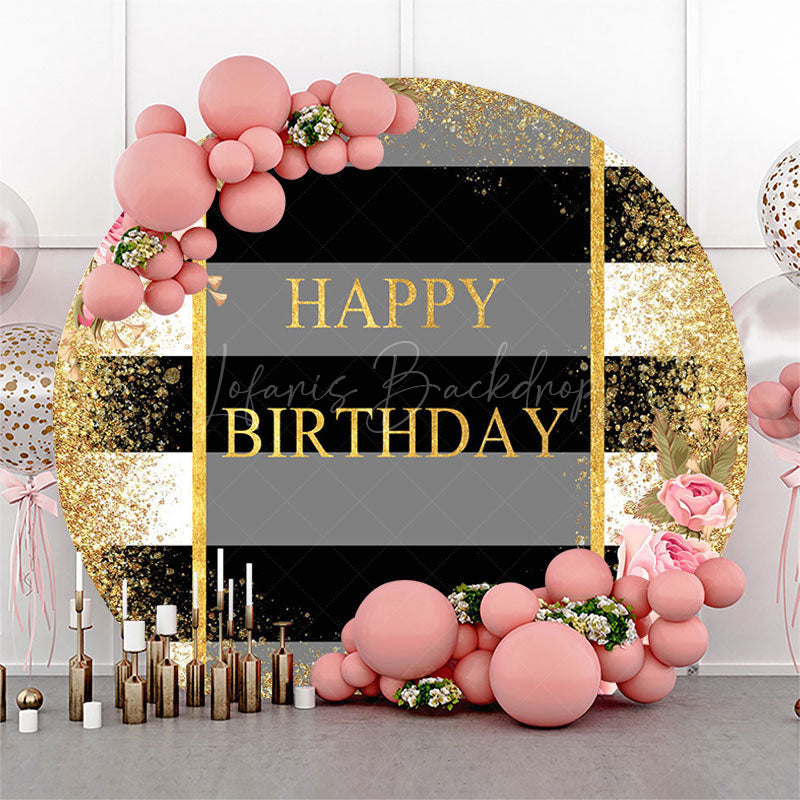 Lofaris Gold Glitter Stripe Floral Round Birthday Backdrop