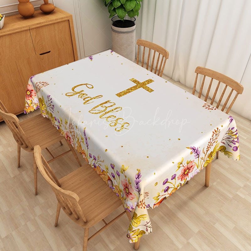 Lofaris Gold God Bless Baptism Party Rectangular Tablecloth