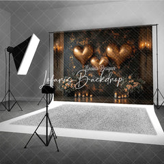 Lofaris Gold Heart Balloons Photography Backdrop with Sparkling Lights Elegant Floral Candle Decor for Romance