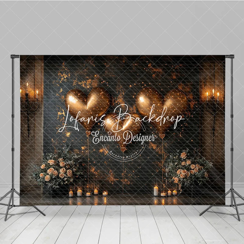 Lofaris Gold Heart Balloons Photography Backdrop with Sparkling Lights Elegant Floral Candle Decor for Romance