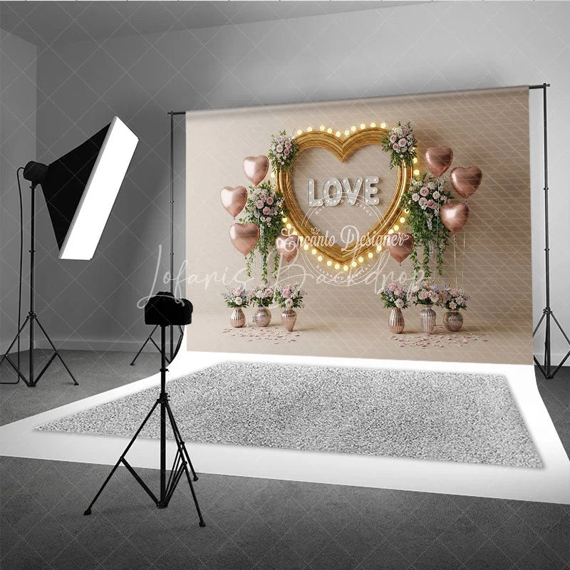 Lofaris Gold Heart Frame Marquee Lights Backdrop LOVE Letters Pink Balloons Floral Background Romantic Photography Banner