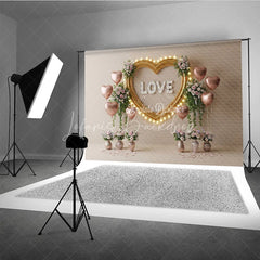 Lofaris Gold Heart Frame Marquee Lights Backdrop LOVE Letters Pink Balloons Floral Background Romantic Photography Banner