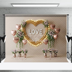 Lofaris Gold Heart Frame Marquee Lights Backdrop LOVE Letters Pink Balloons Floral Background Romantic Photography Banner