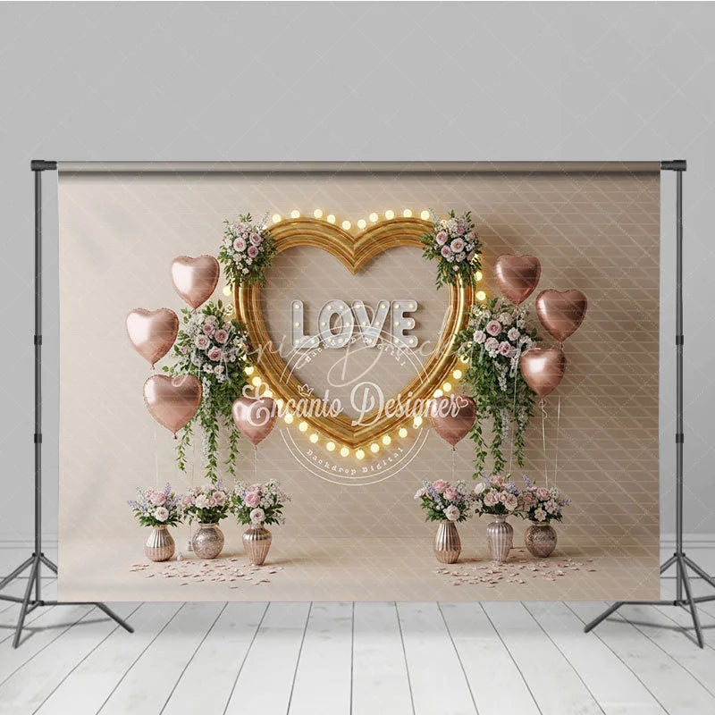 Lofaris Gold Heart Frame Marquee Lights Backdrop LOVE Letters Pink Balloons Floral Background Romantic Photography Banner