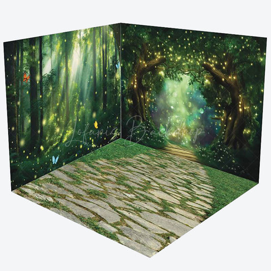 Lofaris Gold Light Glitter Green Forest Room Set Backdrop