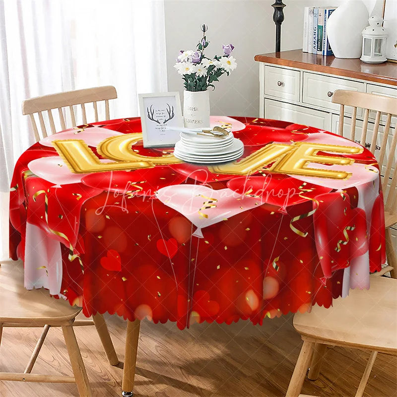 Lofaris Gold Love Balloon Confetti Round Tablecloth Festive Red Ribbon Table Cover for Anniversary