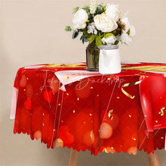 Lofaris Gold Love Balloon Confetti Round Tablecloth Festive Red Ribbon Table Cover for Anniversary