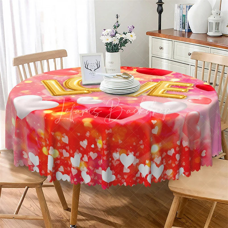 Lofaris Gold Love Balloon Round Tablecloth Romantic Red Bokeh Heart Table Cover for Valentine