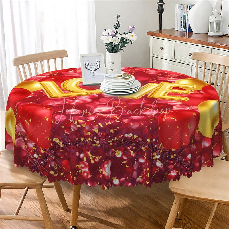 Lofaris Gold Love Red Balloon Round Tablecloth Festive Heart Bokeh Table Cover for Anniversary