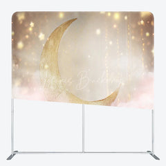 Lofaris Gold Moon Tension Fabric Backdrop Pink Clouds Starry Sky Decor Twinkle Little Star Theme Background for Baby Shower