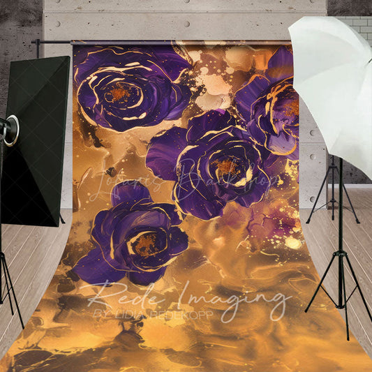 Lofaris Gold Purple Abstract Floral Fine Art Sweep Backdrop