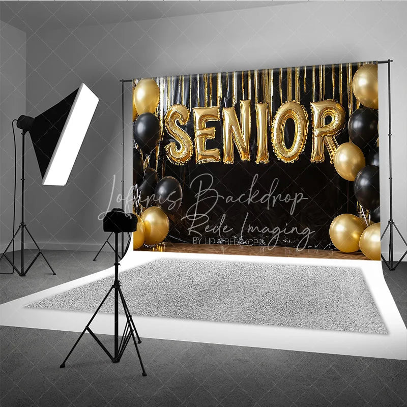 Lofaris Gold Senior Balloons Graduation Photography Backdrop Black Fringe Tinsel and Background