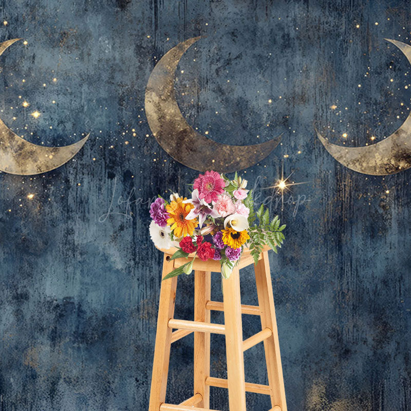 Lofaris Gold Sparkly Moons Blue Abstract Night Photo Backdrop