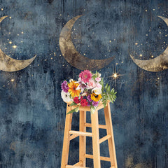 Lofaris Gold Sparkly Moons Blue Abstract Night Photo Backdrop