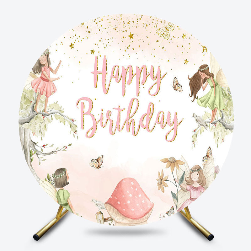Lofaris Gold Starry Fairy Floral Round Birthday Backdrop
