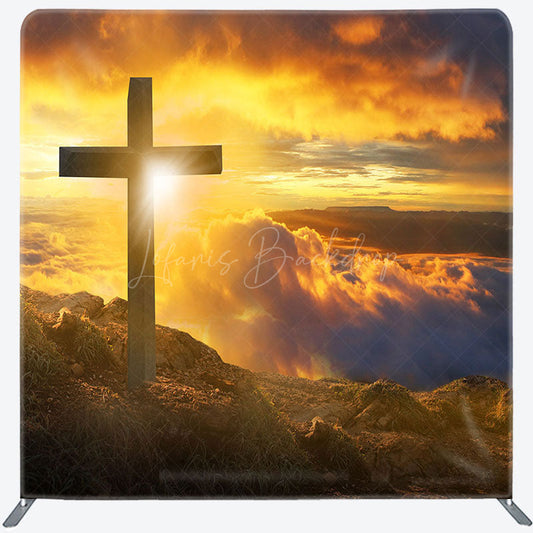 Lofaris Gold Sunset Mountain Easter Square Tension Backdrop